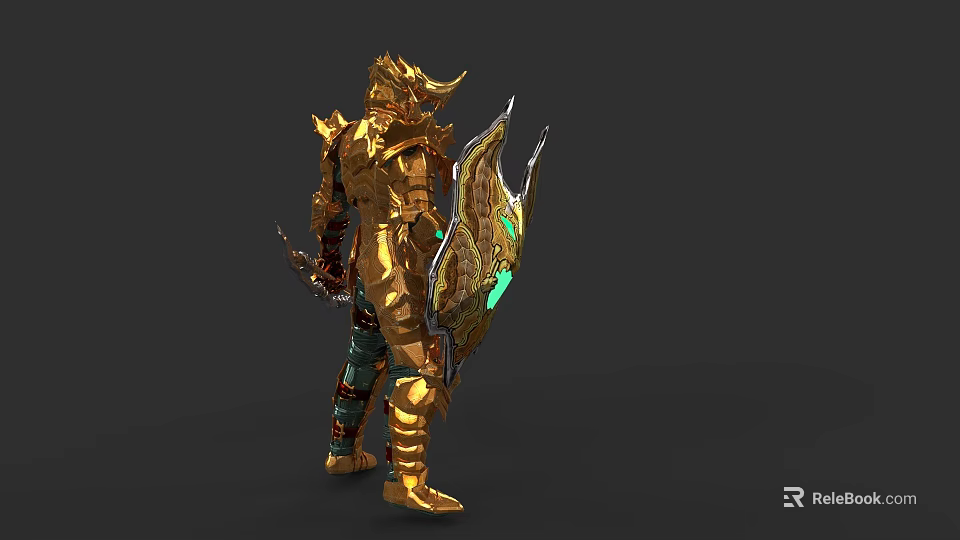 Mythical Warrior Character And Creature In Golden Horned Armor With Shield Weapon And Glowing Accents 3d model 