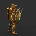 Mythical Warrior Character And Creature In Golden Horned Armor With Shield Weapon And Glowing Accents