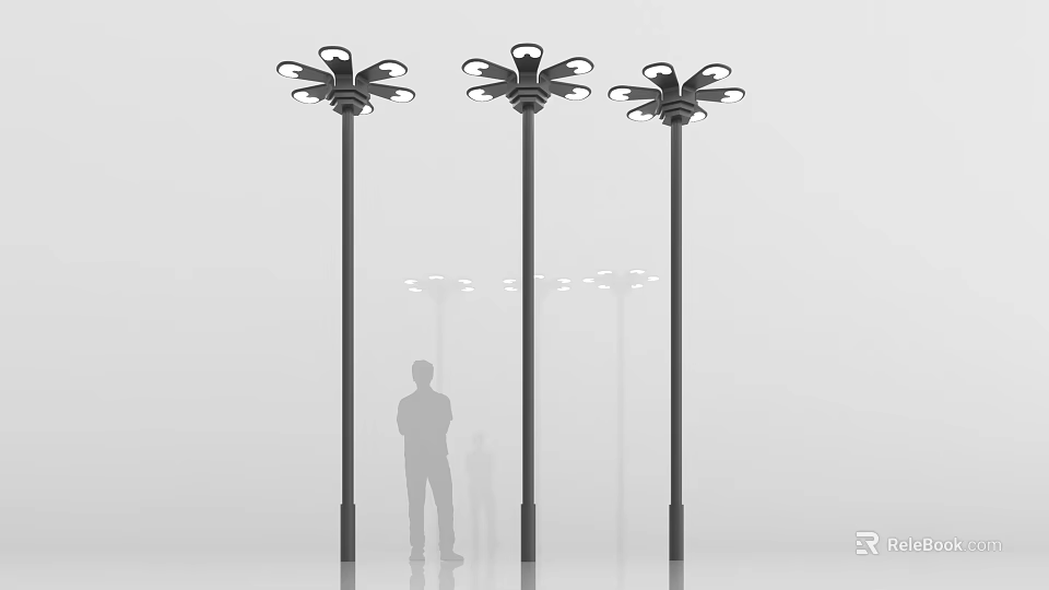 Three Black Pole Outdoor Lights With Flower Shaped Design And Human Silhouette 3d model 