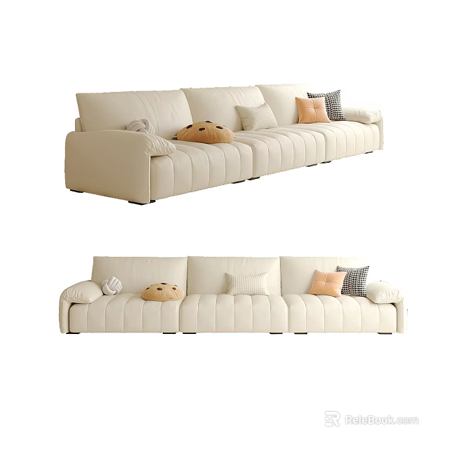 Modern Beige Three Seater Sofa With Colorful Cushions And Decorative Pillows 3d model 