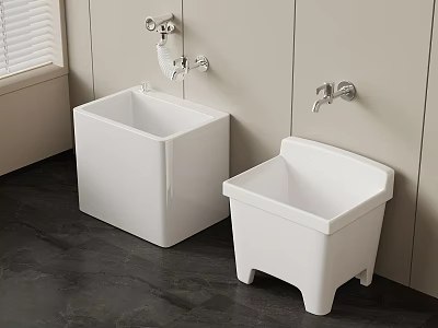 Two White Mop Sinks With Wall Mounted Faucets In Dark Tiled Room 3d model
