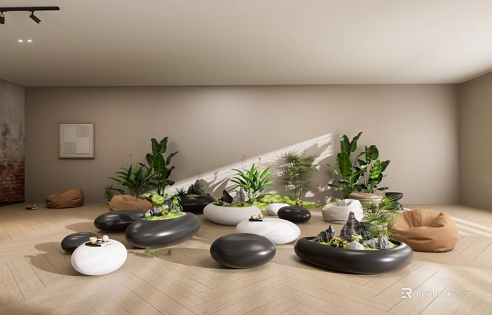 Modern Office Landscape Design With Various Green Plants And Stone Pots On Wooden Floor 3d model 