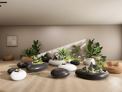 Modern Office Landscape Design With Various Green Plants And Stone Pots On Wooden Floor 3d model