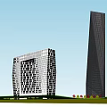 Modern Office Building Complex With Tall Tower Square Structure And Glass Facade