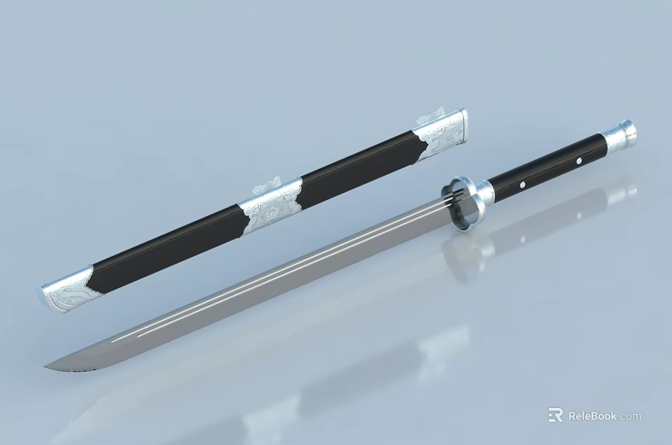 Traditional Japanese Sword With Black Sheath Silver Accents And Sharp Metal Blade 3d model 