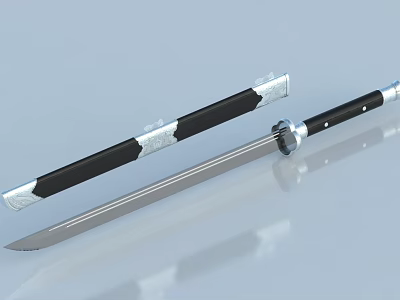 Traditional Japanese Sword With Black Sheath Silver Accents And Sharp Metal Blade 3d model