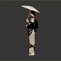 Elegant Woman In Traditional Japanese Kimono With Bamboo Umbrella And Gray Backdrop