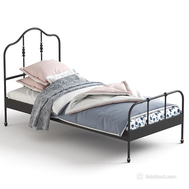 Stylish Single Bed with Black Metal Frame Pink Pillows and Gray Striped Blanket 3d model 