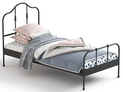 Stylish Single Bed with Black Metal Frame Pink Pillows and Gray Striped Blanket 3d model