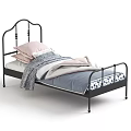 Stylish Single Bed with Black Metal Frame Pink Pillows and Gray Striped Blanket