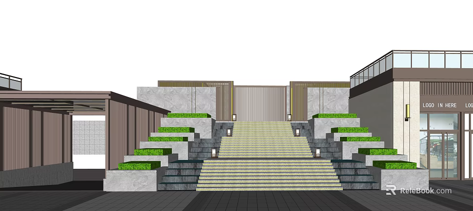 Modern Entrance Gate Design With Stone Steps Green Plants And Decorative Lighting 3d model 