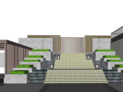 Modern Entrance Gate Design With Stone Steps Green Plants And Decorative Lighting 3d model
