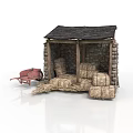 Rustic Stone Wood Shed Building With Black Roof Hay Bales And Red Cart