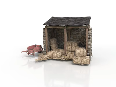 Rustic Stone Wood Shed Building With Black Roof Hay Bales And Red Cart 3d model