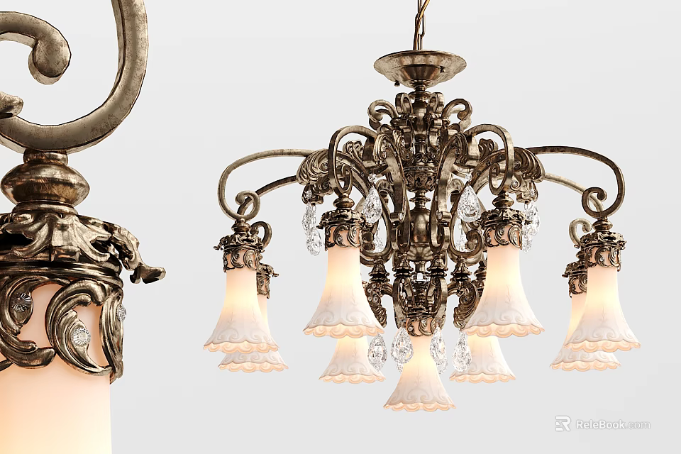 Vintage Chandelier with Ornate Metal Frame Crystal Accents and White Lampshades 3d model 