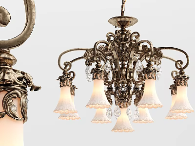 Vintage Chandelier with Ornate Metal Frame Crystal Accents and White Lampshades 3d model