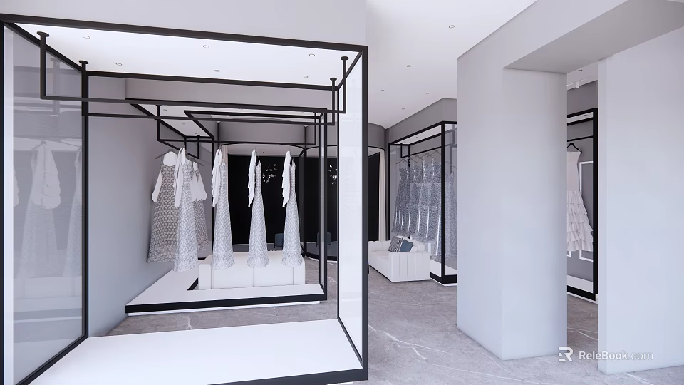 Modern Bridal Shop Interior With Elegant Wedding Dress Display Racks And Stylish Decor 3d model 