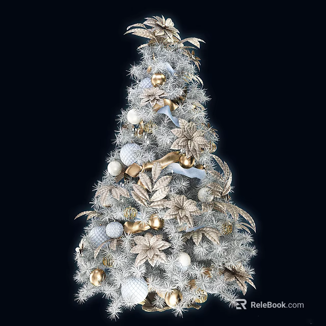 Festive White Tree Decorated With White Gold Silver Ornaments Leaves And Ribbons 3d model 