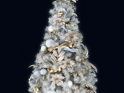 Festive White Tree Decorated With White Gold Silver Ornaments Leaves And Ribbons 3d model