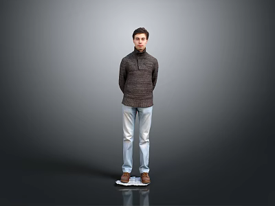 Man In Casual Turtleneck Sweater Light Blue Jeans And Brown Shoes Standing On Gray Background 3d model