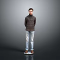 Man In Casual Turtleneck Sweater Light Blue Jeans And Brown Shoes Standing On Gray Background