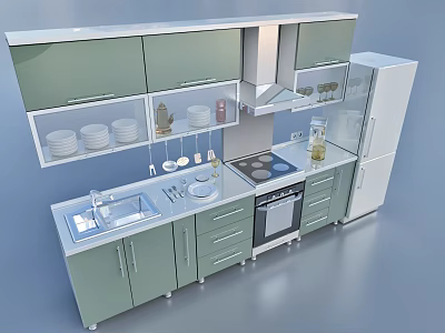 Modern Green Kitchen Cabinets With Sink Cooktop Refrigerator And Dishes 3d model