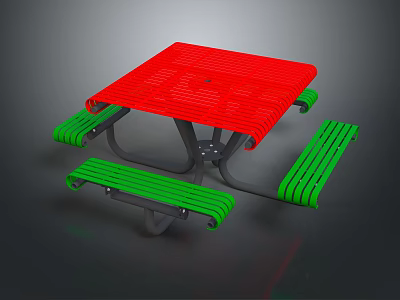 Square Red Outdoor Picnic Table With Green Benches And Black Legs 3d model