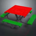 Square Red Outdoor Picnic Table With Green Benches And Black Legs