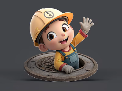 Man Wearing Yellow Hard Hat and Blue Overalls Waving From Manhole Cover With Smile 3d model