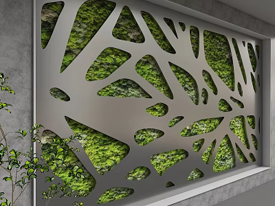 Decorative Background Wall With Perforated Leaf Pattern And Green Plants In Modern Interior 3d model