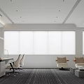 Modern Office Interior Featuring Large Windows White Blinds Desk Accent Chairs And Potted Plant
