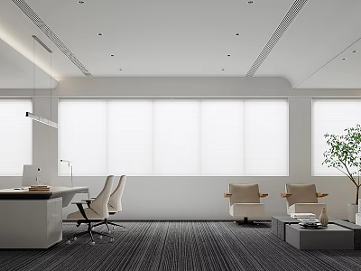 Modern Office Interior Featuring Large Windows White Blinds Desk Accent Chairs And Potted Plant 3d model