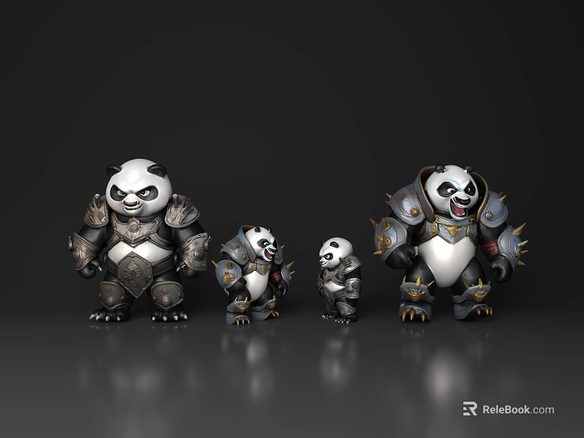 Armored Reptile Figurines in Various Sizes Standing on Gray Background 3d model 
