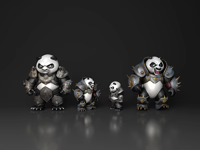 Armored Reptile Figurines in Various Sizes Standing on Gray Background 3d model