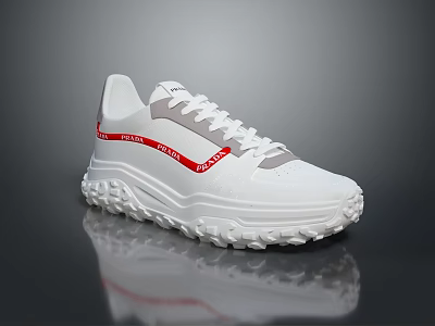 White Lace Up Sneakers With Red Side Stripes And Thick Traction Sole Design 3d model