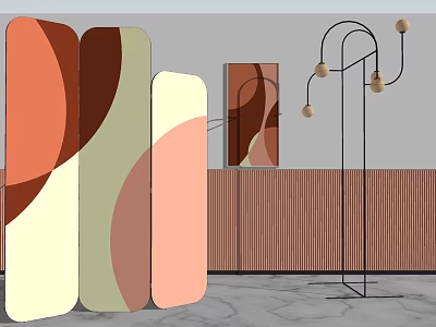 Modern Colorful Room Divider Screen With Geometric Patterns Soft Tones And Wooden Background 3d model