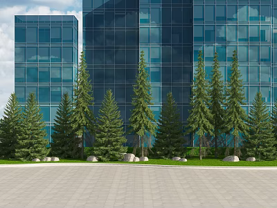 Evergreen Trees in Front of Modern Glass Buildings With Lawn and Stone Pavement 3d model