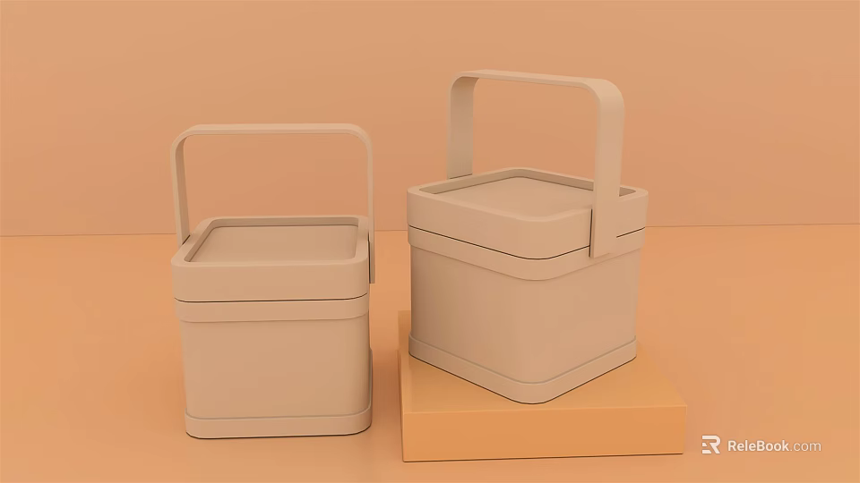 Beige Decorative Ornament Set With Two Square Handle Boxes On Brown Base 3d model 