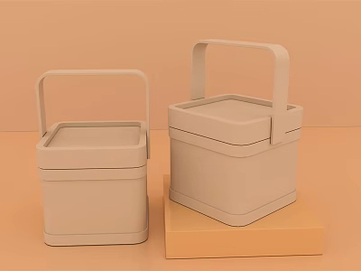 Beige Decorative Ornament Set With Two Square Handle Boxes On Brown Base 3d model