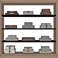 Decorative Ornament Sets With Various Colored Box Styles On Multiple Shelves In Wooden Display Cabinet
