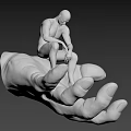 Giant Hand Sculpture With Small Figure Sitting On Top Against Blue Sky Green Field