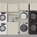 Modern Stackable Washing Machines and Dryers with Cabinet Countertop and Green Plant