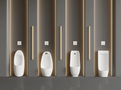 Modern Ceramic Urinals Arranged In Row With Grey Walls And Warm Light Strips 3d model