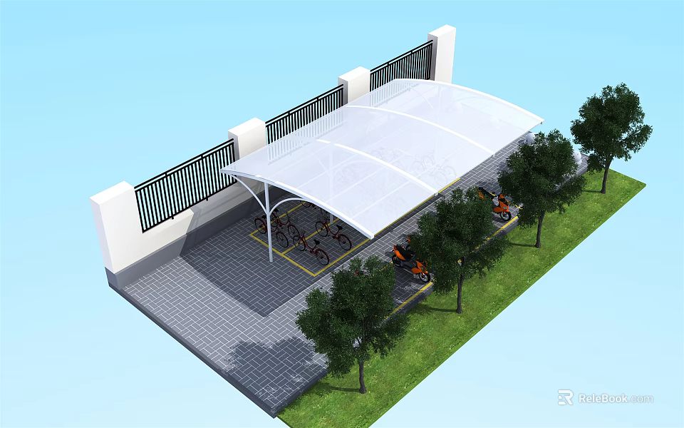 Outdoor Parking Area Canopy With Trees Paved Ground And Parked Motorcycles 3d model 