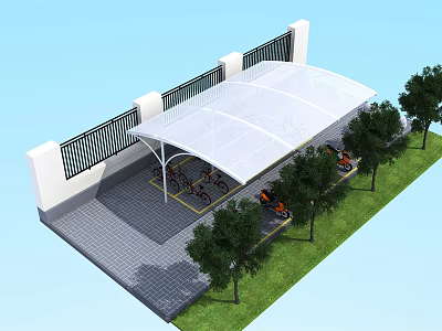 Outdoor Parking Area Canopy With Trees Paved Ground And Parked Motorcycles 3d model