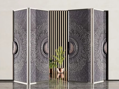 Ornate Folding Doors With Sunburst Patterns Vertical Slats And Potted Plants In Modern Interior 3d model