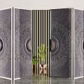 Ornate Folding Doors With Sunburst Patterns Vertical Slats And Potted Plants In Modern Interior