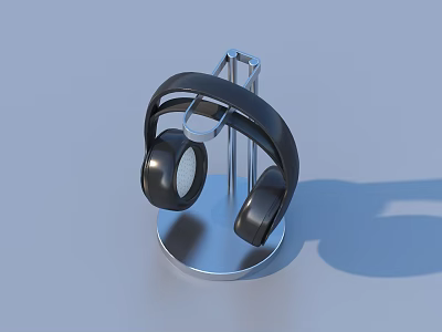 Durable Practical Metal Headphone Stand Holding Black Headphones on Silver Base 3d model