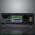Black Electronic Audio Amplifier With Knobs Buttons Green Indicator Lights Circuit Patterns And Antenna