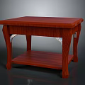 Solid Red Wooden Table With Square Top And Lower Shelf Design